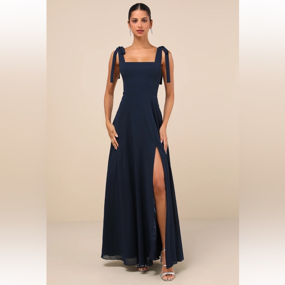 Lulu's Love Me Forever Navy Blue Tie-Strap Square Neck Maxi Dress